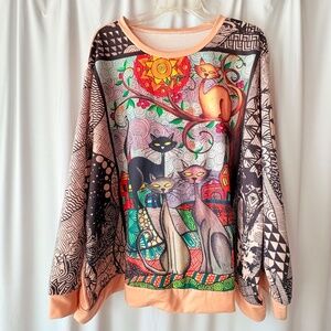Women's Long Sleeve Sweatshirt - Tan with Multicolor Cat Scene 5X